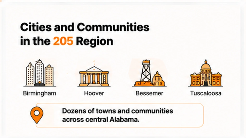 Cities and communities in the 205 area code region, from Birmingham to Tuscaloosa
