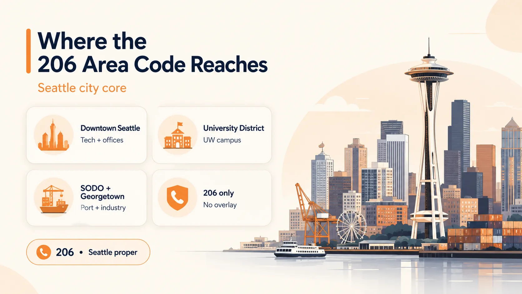 Map of where the 206 area code reaches across Seattle and King County