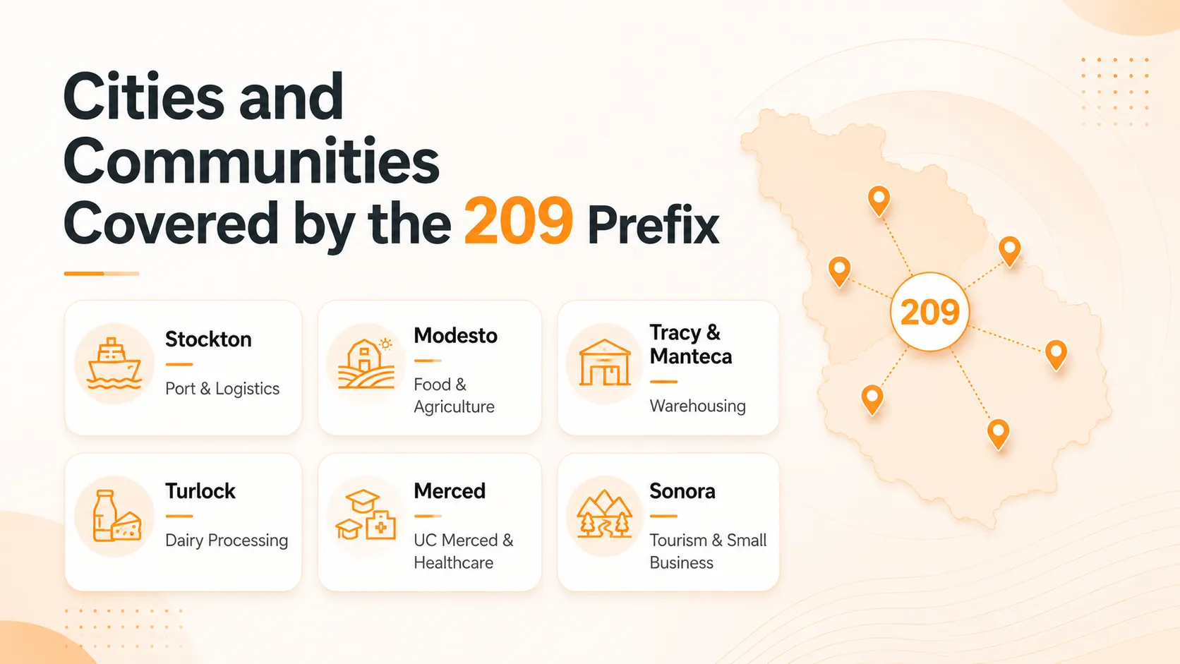 Cities and communities covered by the 209 area code including Stockton, Modesto, and Merced