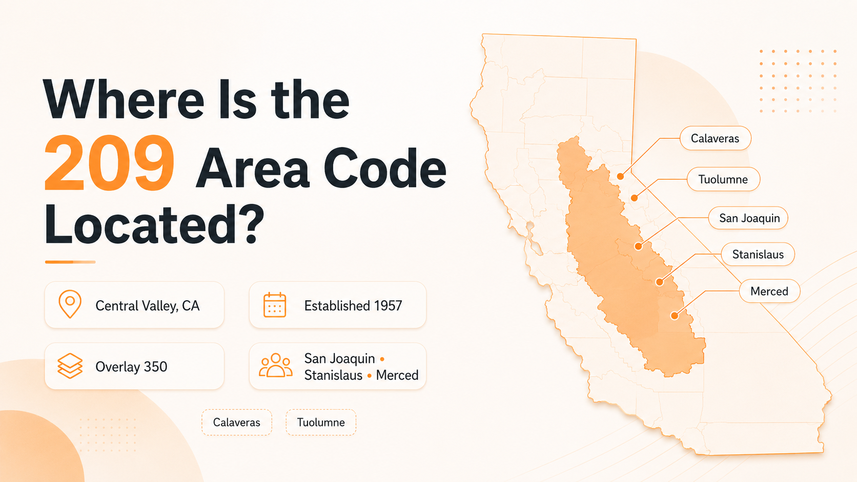 Map showing where the 209 area code is located across California's Central Valley