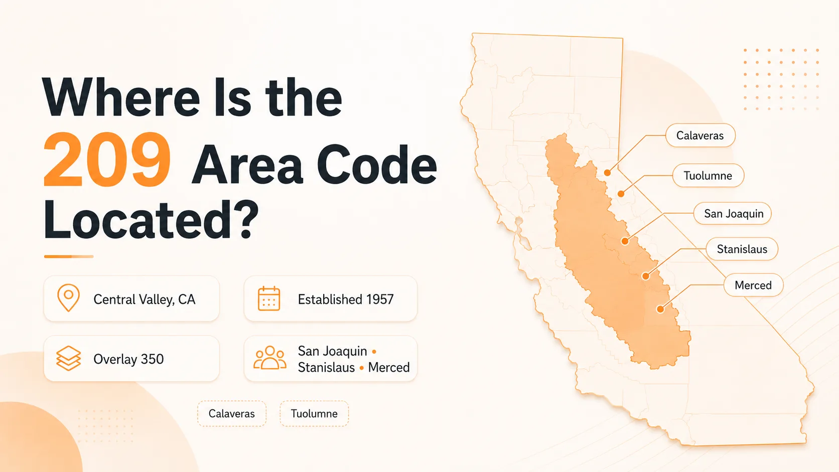Map showing where the 209 area code is located across California's Central Valley