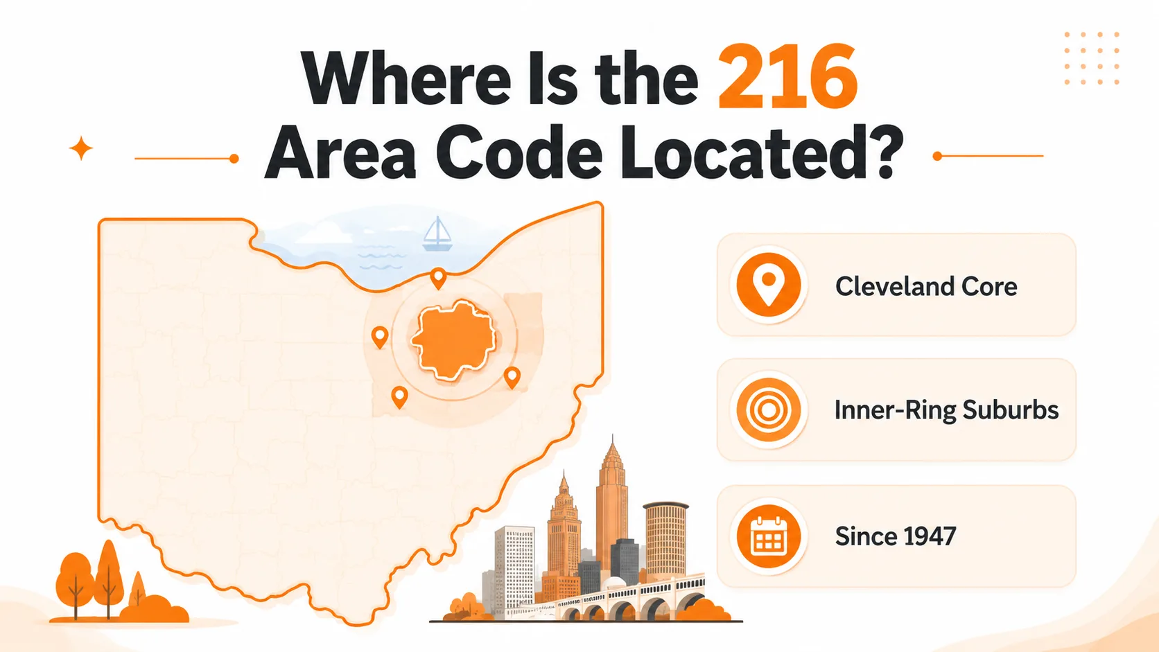Map showing where the 216 area code is located in Cleveland, Ohio and its inner-ring suburbs