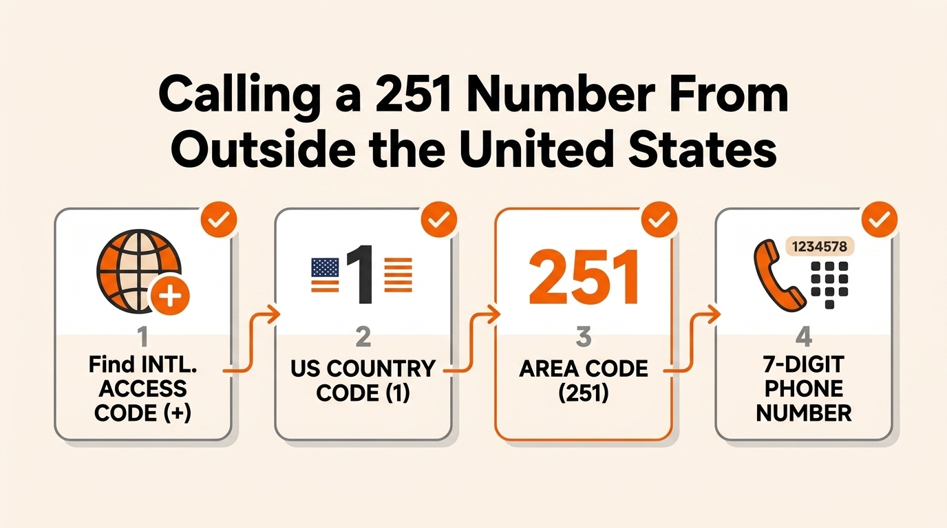 Steps for calling a 251 area code number from outside the United States