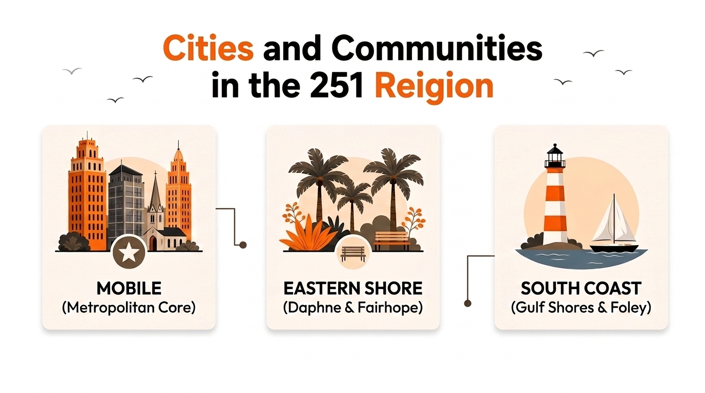 Map showing where the 251 area code is located across Mobile and coastal Alabama