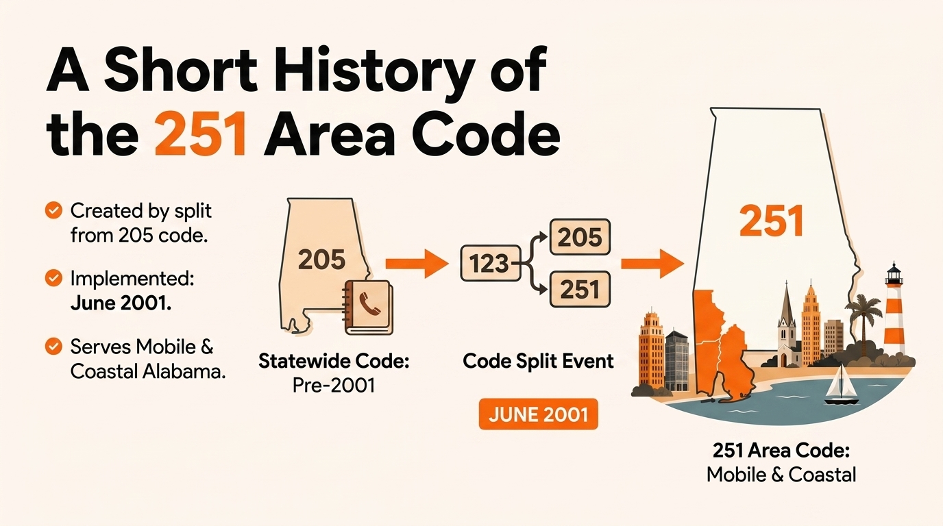 Short history of the 251 area code, split from 205 and then 334 in 2001