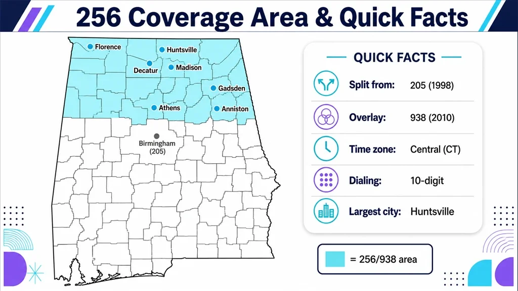 Where the 256 area code is located across north Alabama, from Huntsville to Florence and Gadsden