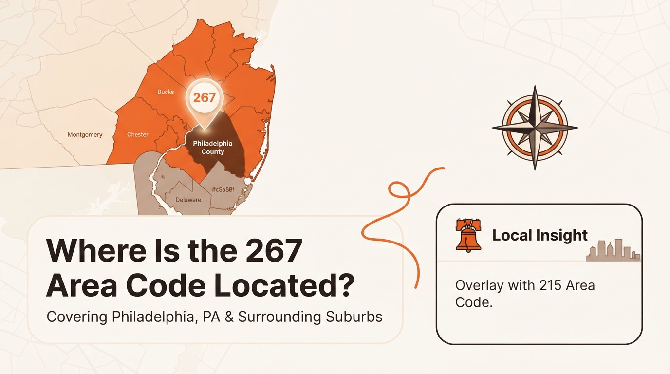 Map showing where the 267 area code is located covering Philadelphia and surrounding suburbs