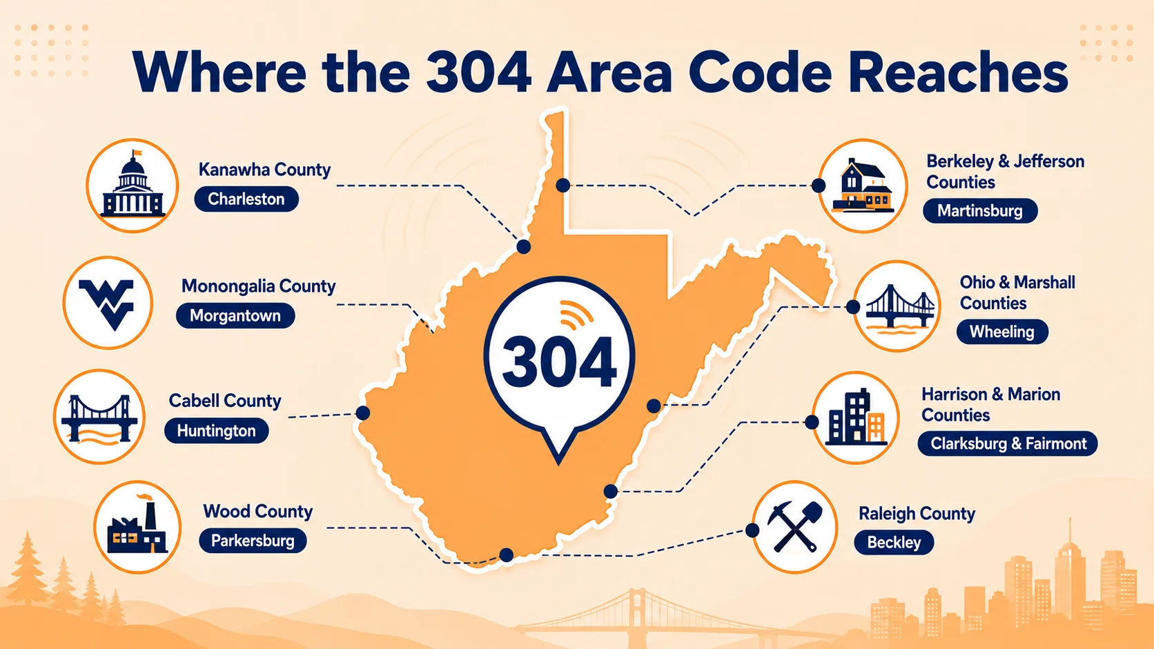 Where the 304 area code reaches across West Virginia