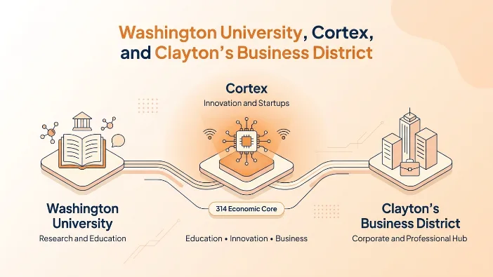 Washington University, Cortex, and Clayton's Business District