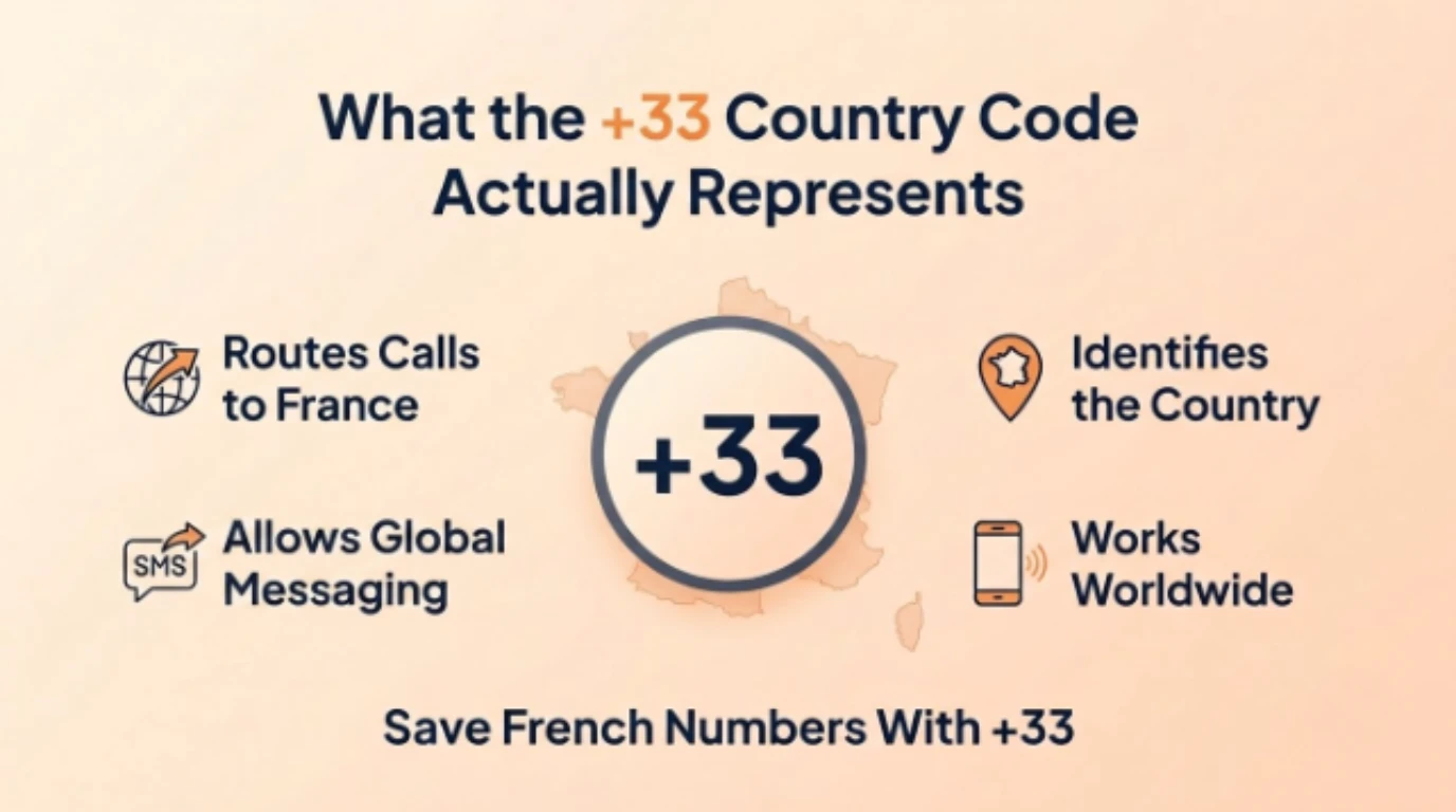 Three-step diagram showing how to call out of France: dial 00 as the exit code, then the destination country code, then the local number with its leading zero dropped