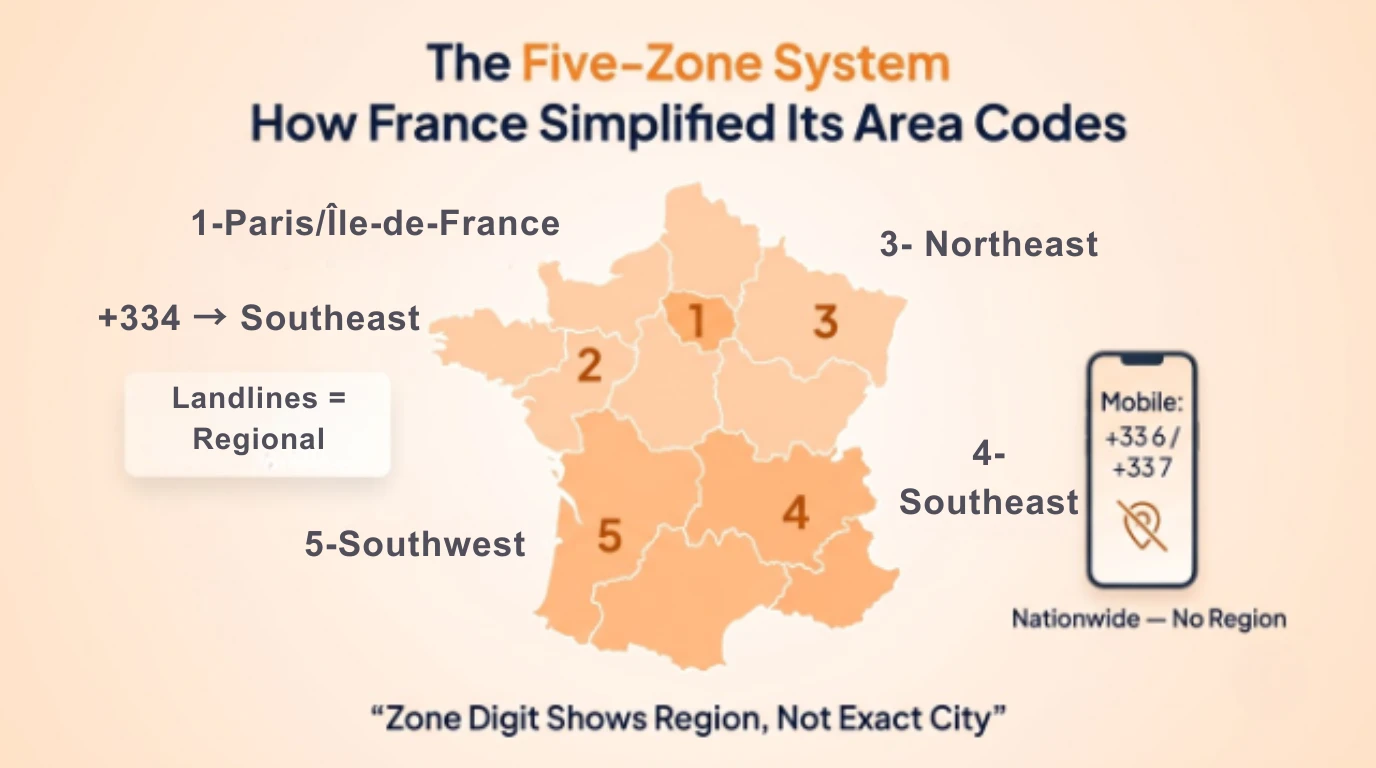 Map of France divided into five numbered zones: 1 for Paris and Ile-de-France, 2 northwest, 3 northeast, 4 southeast, 5 southwest, with mobile numbers using +33 6 or +33 7 nationwide