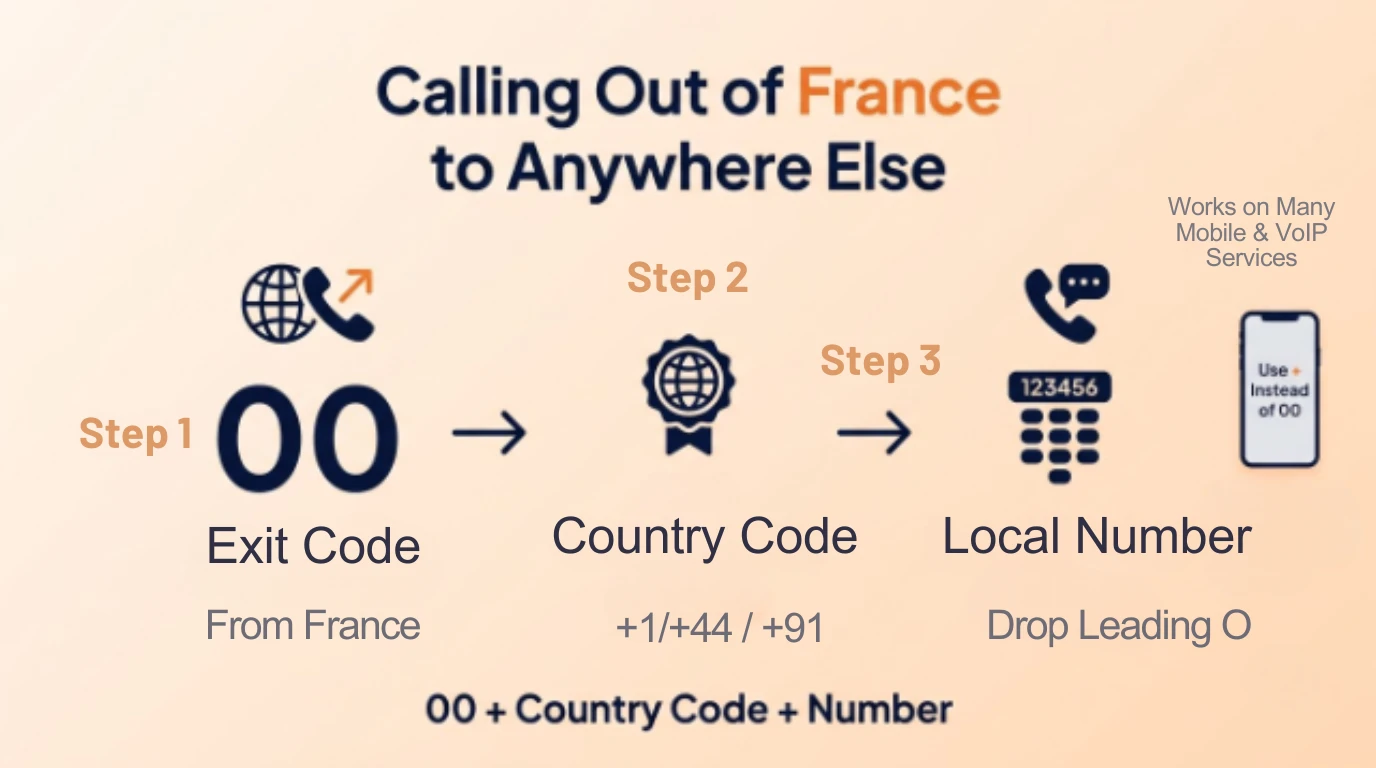 Diagram showing the +33 country code routes calls to France, identifies the country, allows global messaging, and works worldwide