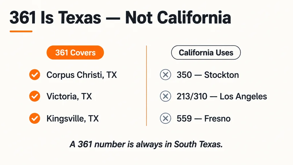 A 361 number always reads as South Texas, not California, building local call trust