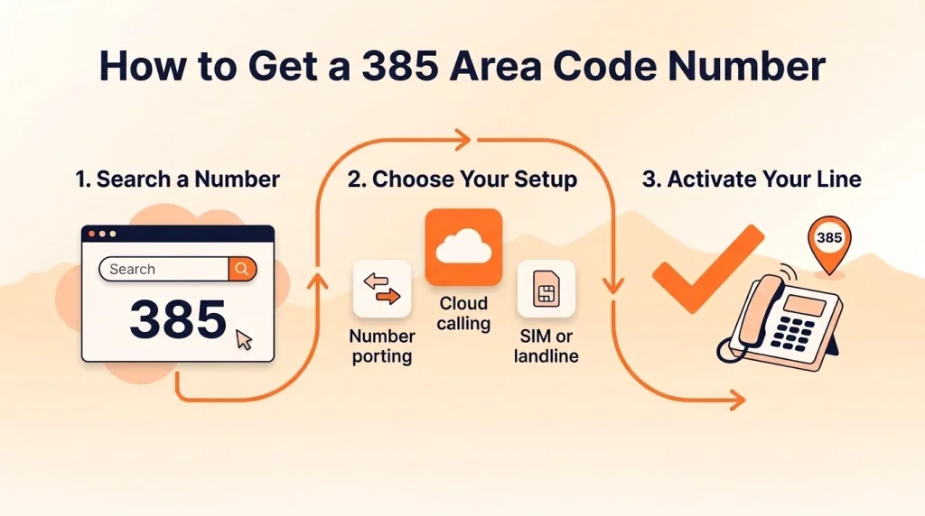 How to get a 385 area code number in three steps: search, choose a setup, activate the line