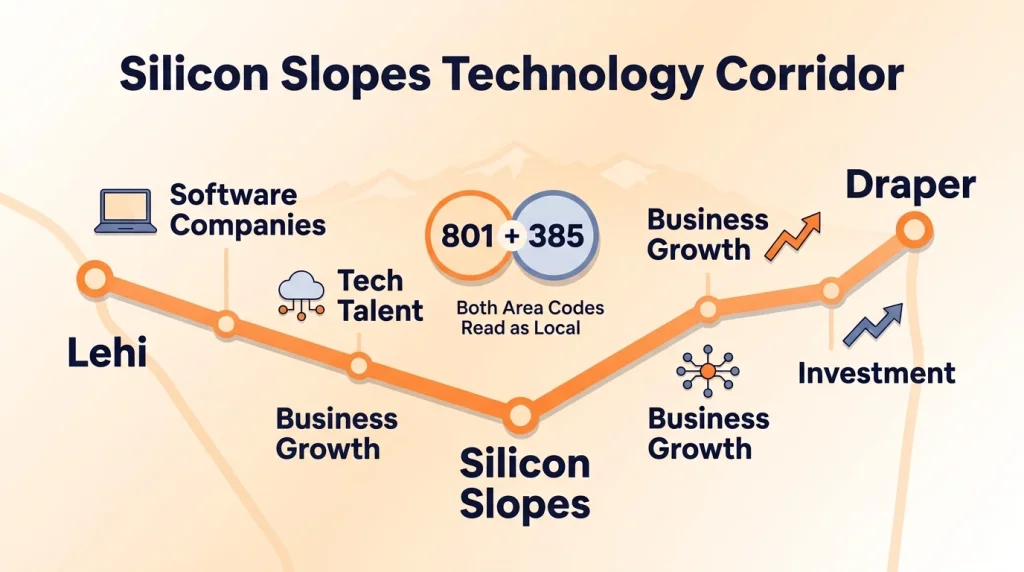Silicon Slopes technology corridor from Lehi to Draper, where 801 and 385 both read as local