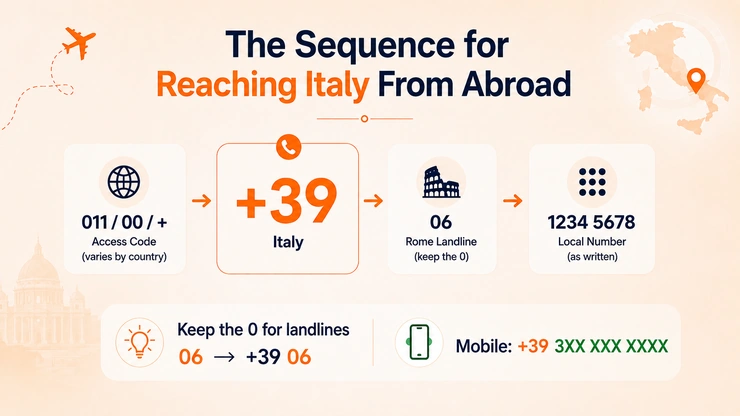 The sequence for reaching Italy from abroad — access code, +39, city code, local number