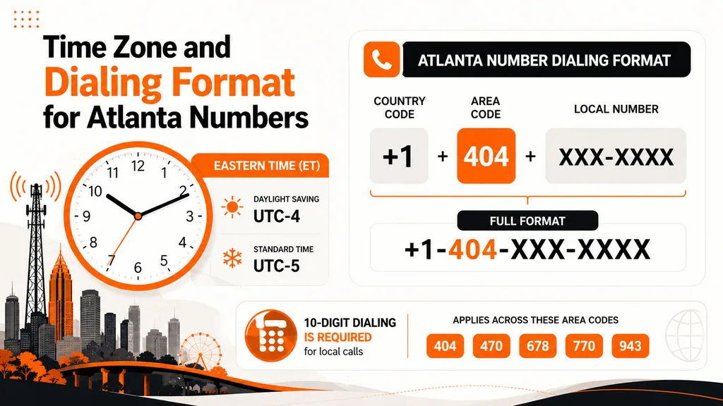 404 area code time zone and 10-digit dialing format for Atlanta numbers