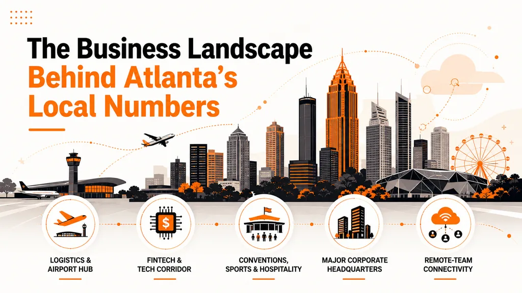 Business landscape behind Atlanta's local numbers including logistics, fintech, conventions, and corporate headquarters