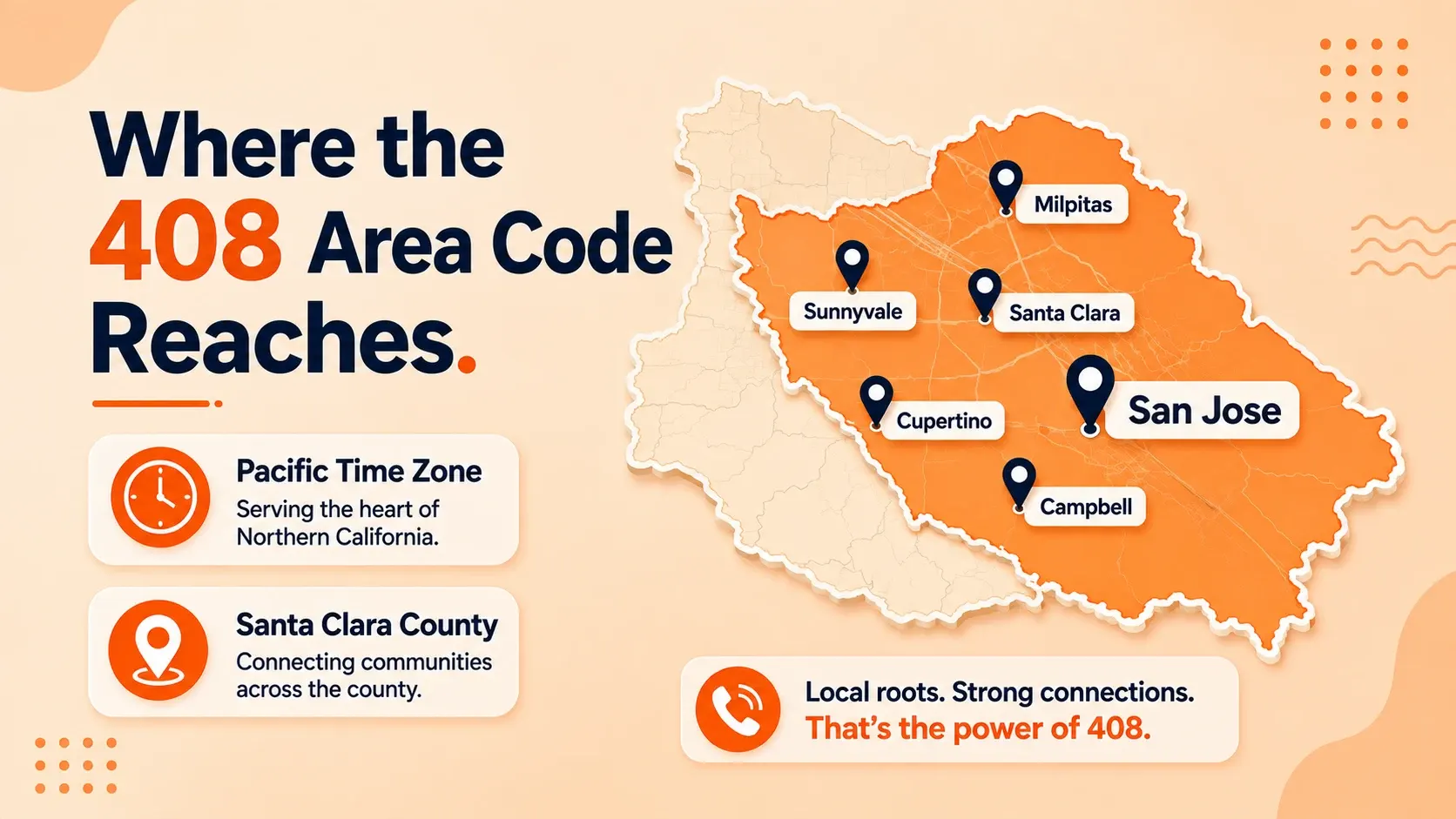 Map of the 408 area code reaching San Jose, Santa Clara, Sunnyvale, Cupertino, and the rest of Santa Clara County