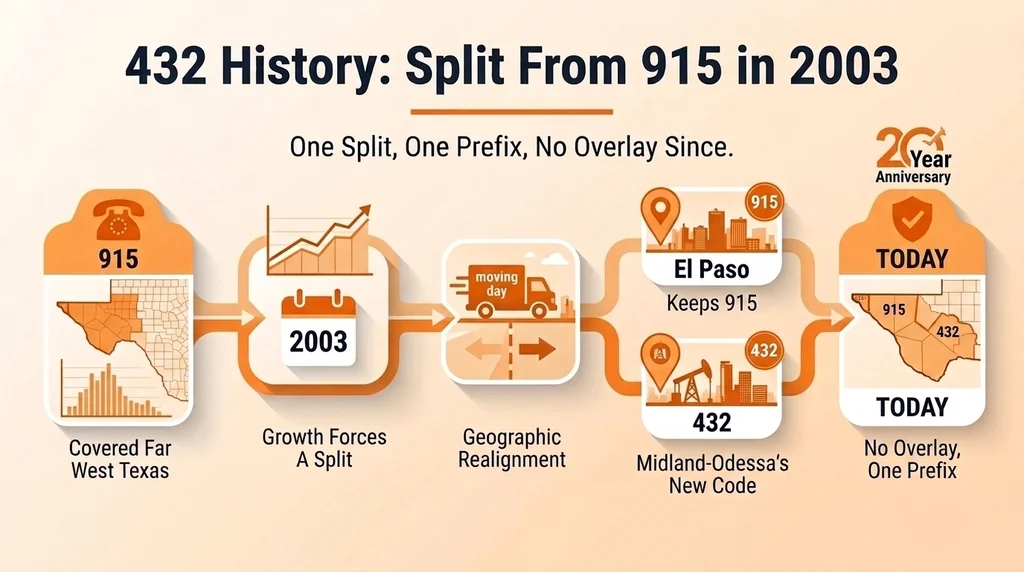 432 History: Split From 915 in 2003 — area code 432