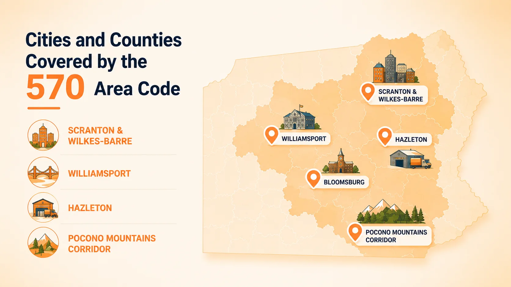 Cities and Counties Covered by the 570 Area Code