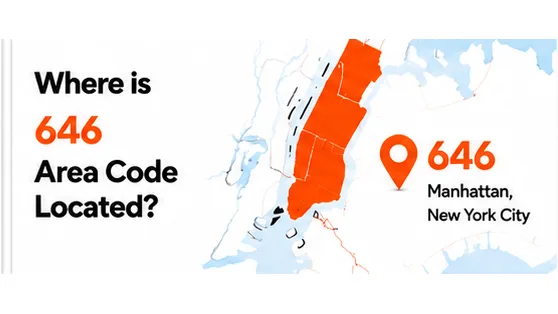 Map showing where the 646 area code is located in Manhattan New York City