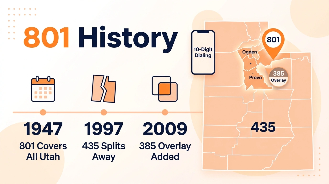 801 area code history infographic — Utah's original 1947 prefix