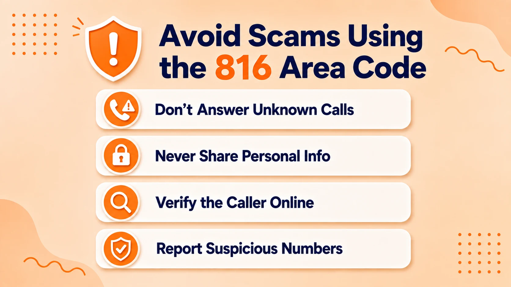 Four steps for avoiding scams using the 816 area code: don't answer, don't share info, verify the caller, report it