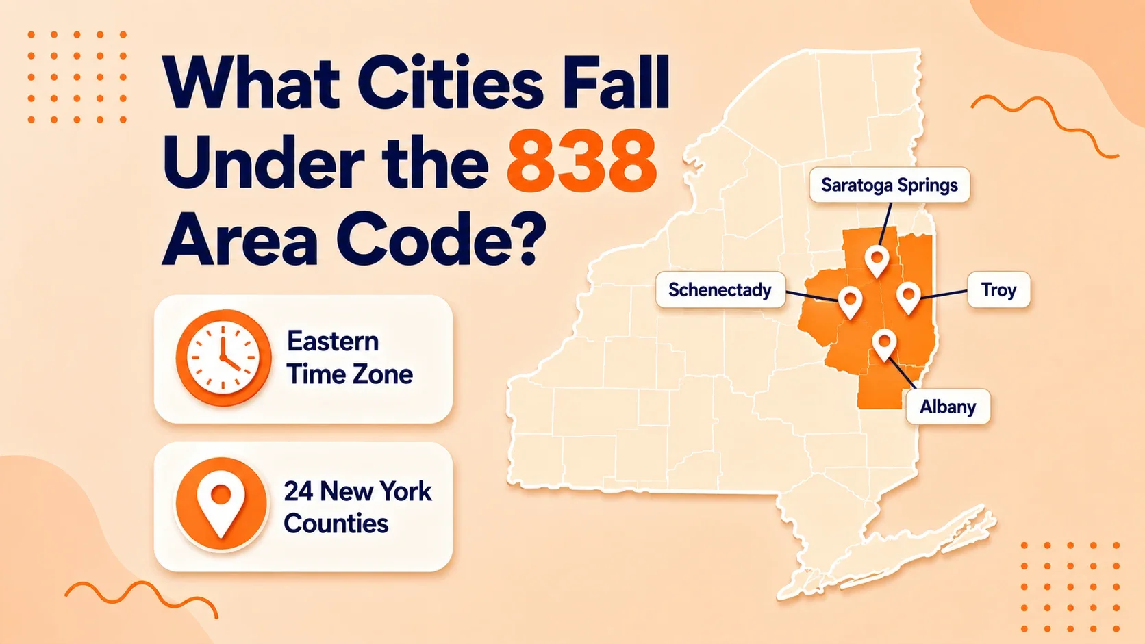 Map of the 838 area code reaching Albany, Schenectady, Troy, Saratoga Springs, and the rest of New York's Capital District
