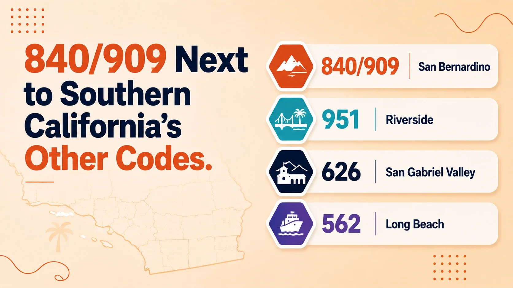 840 and 909 San Bernardino area codes compared to nearby Southern California prefixes: 951 Riverside, 626 San Gabriel Valley, 562 Long Beach