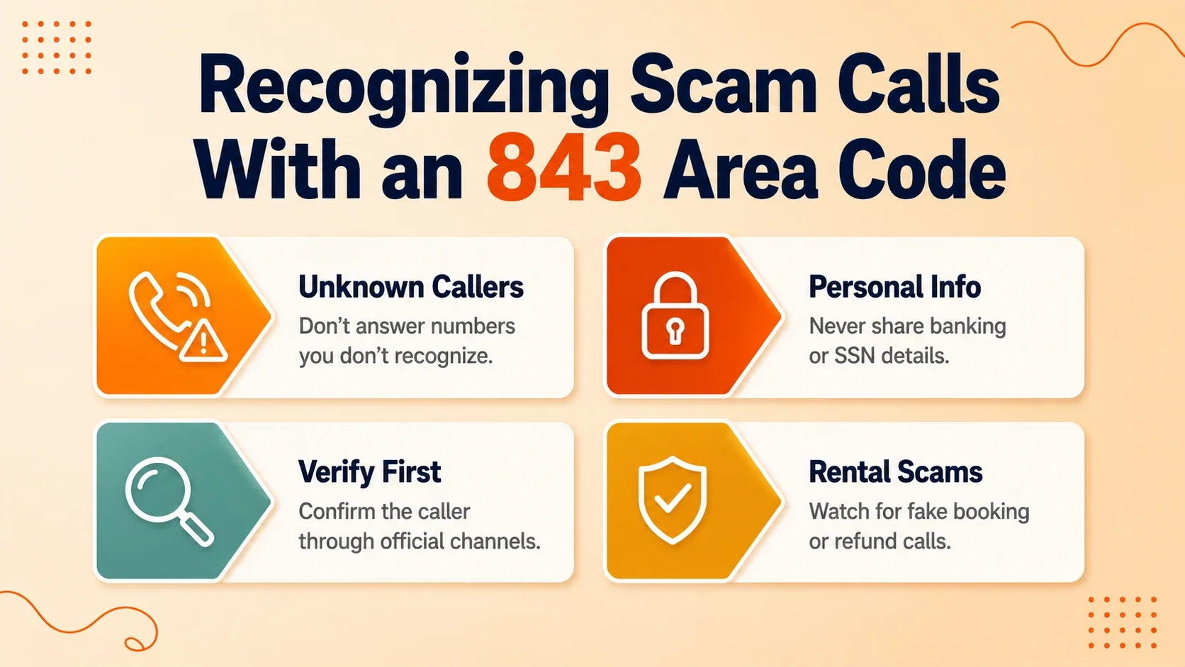 Four steps for recognizing scam calls with an 843 area code: don't answer, don't share info, verify the caller, watch for rental scams