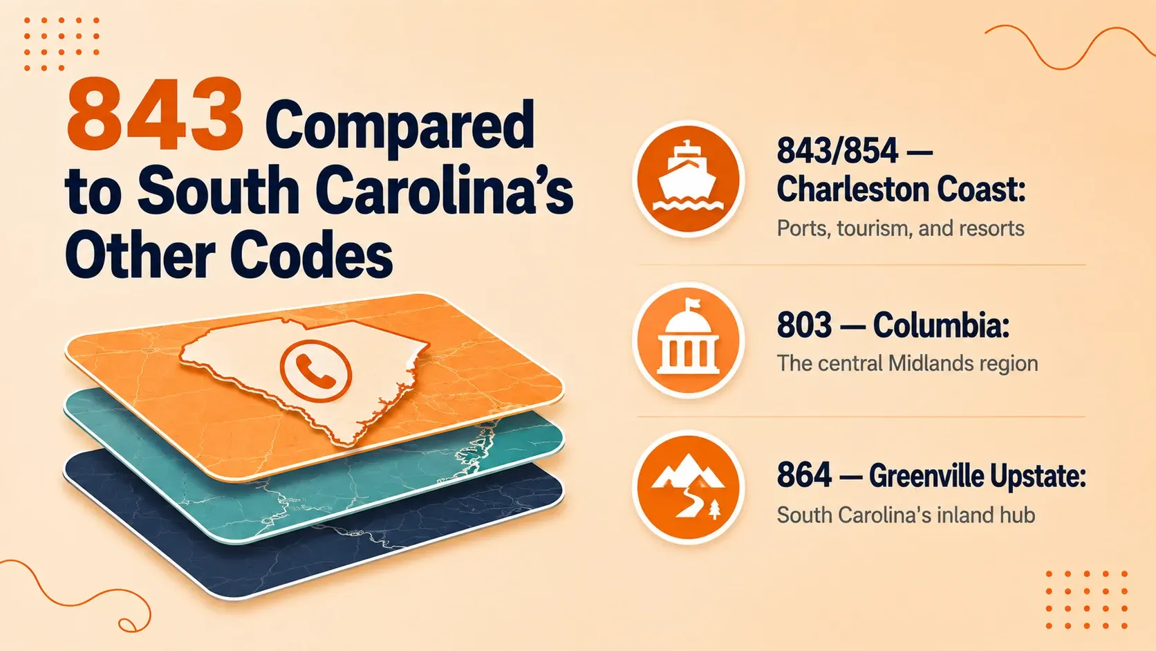 843 South Carolina coastal area code compared to 803 Columbia and 864 Greenville Upstate