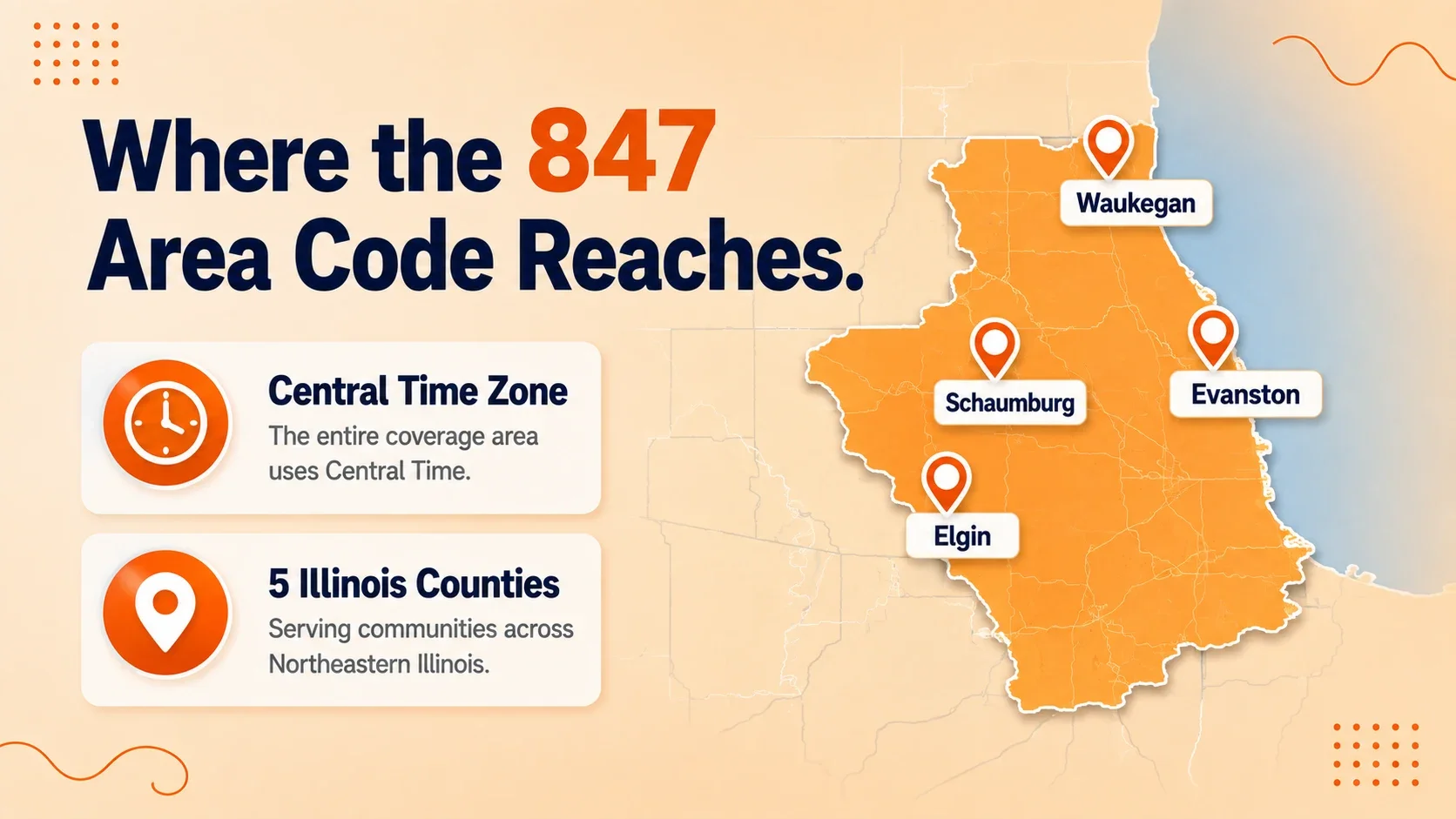 Map of the 847 area code reaching Schaumburg, Evanston, Waukegan, Elgin, and the rest of Chicago's northern suburbs