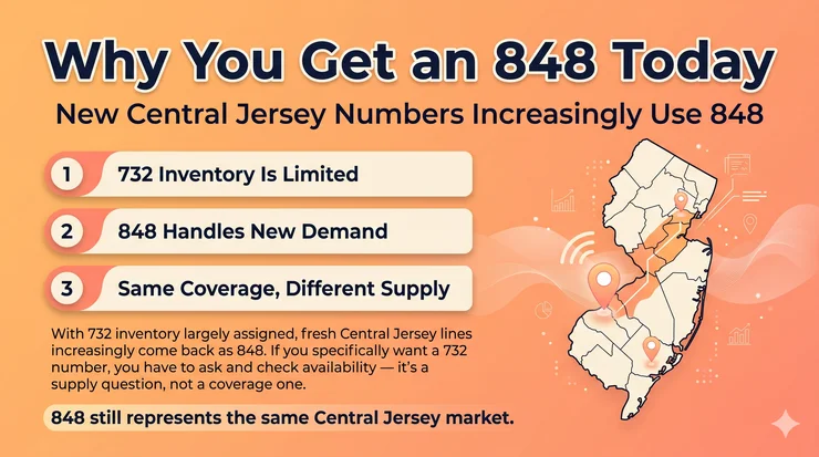 848 vs 732 area code inventory — why new central New Jersey lines come back as 848