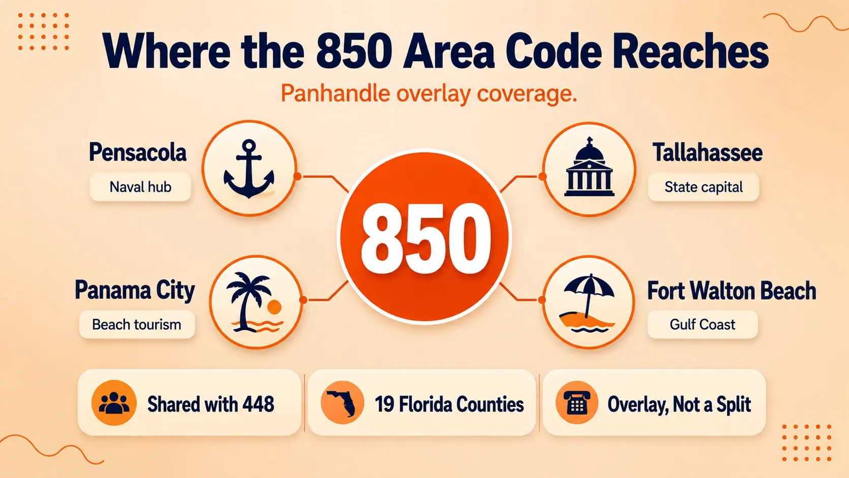 Map of the 850 area code reaching Pensacola, Tallahassee, Panama City, and Fort Walton Beach across the Florida Panhandle
