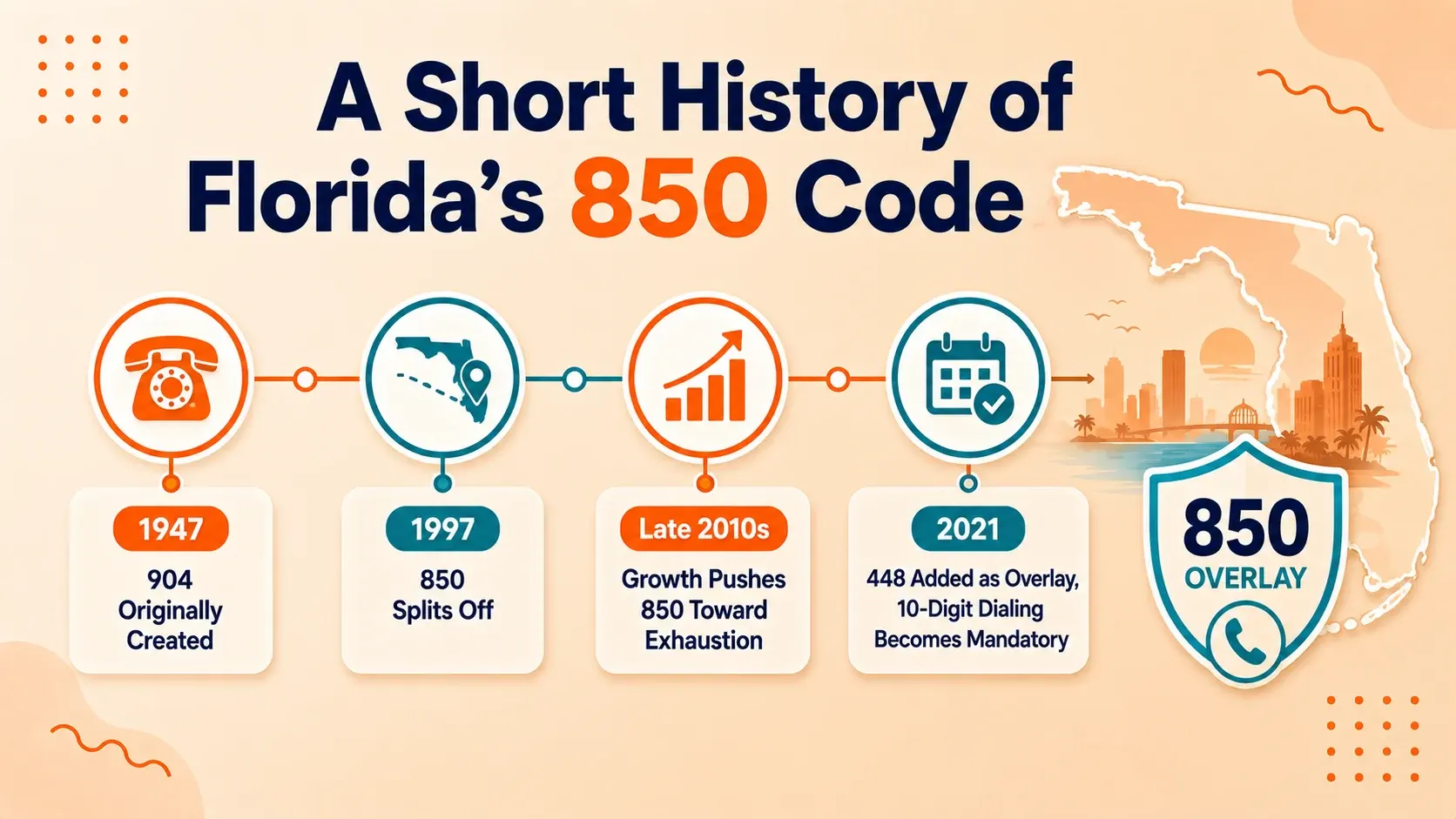 Timeline of the 850 area code from the original 904 code in 1947 through the 1997 split to the 2021 launch of the 448 overlay