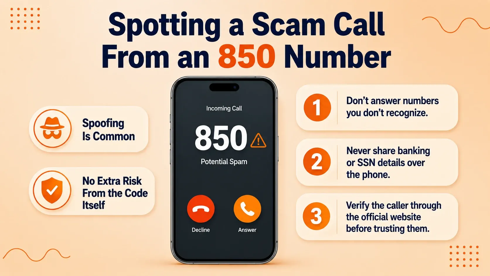 Three steps for spotting a scam call from an 850 number: don't answer unknown numbers, never share personal info, verify the caller