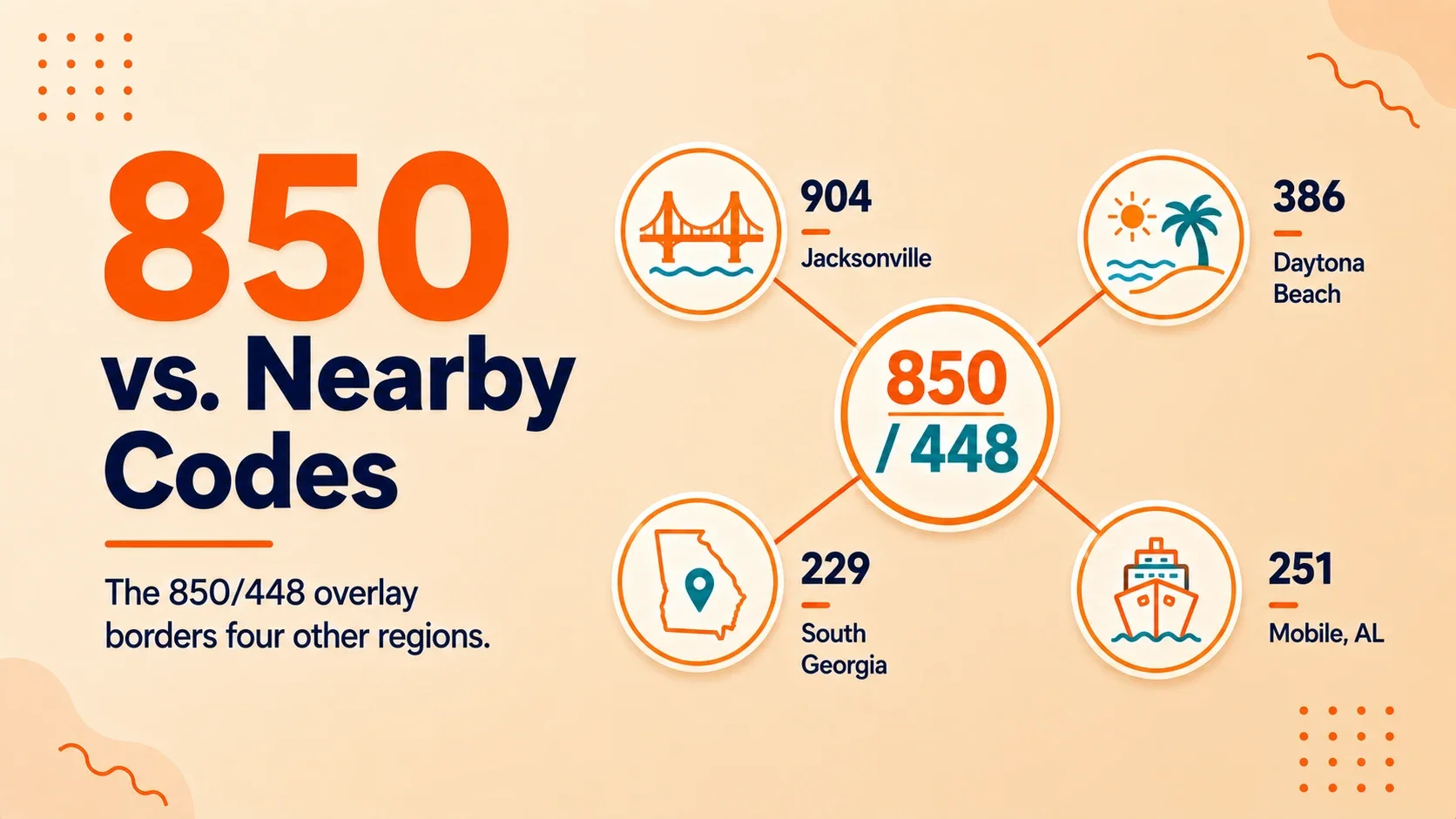 850 Florida Panhandle area code compared to neighboring prefixes: 904 Jacksonville, 386 Daytona Beach, 229 South Georgia, 251 Mobile Alabama