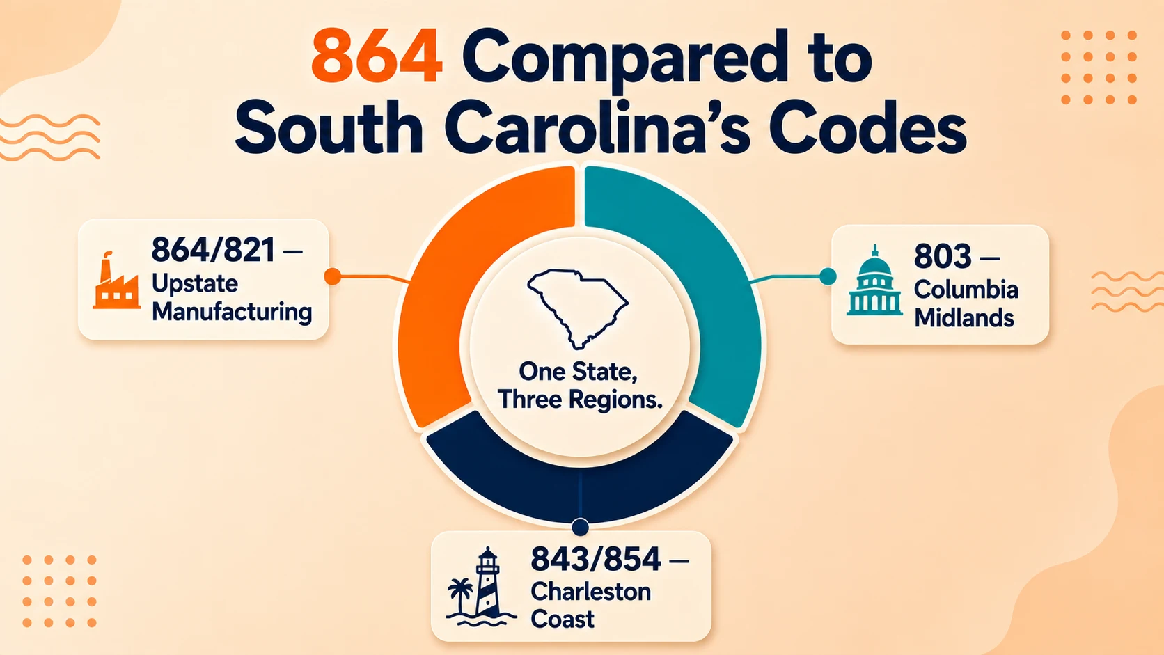 864/821 Upstate manufacturing area code compared to 803 Columbia Midlands and 843/854 Charleston Coast