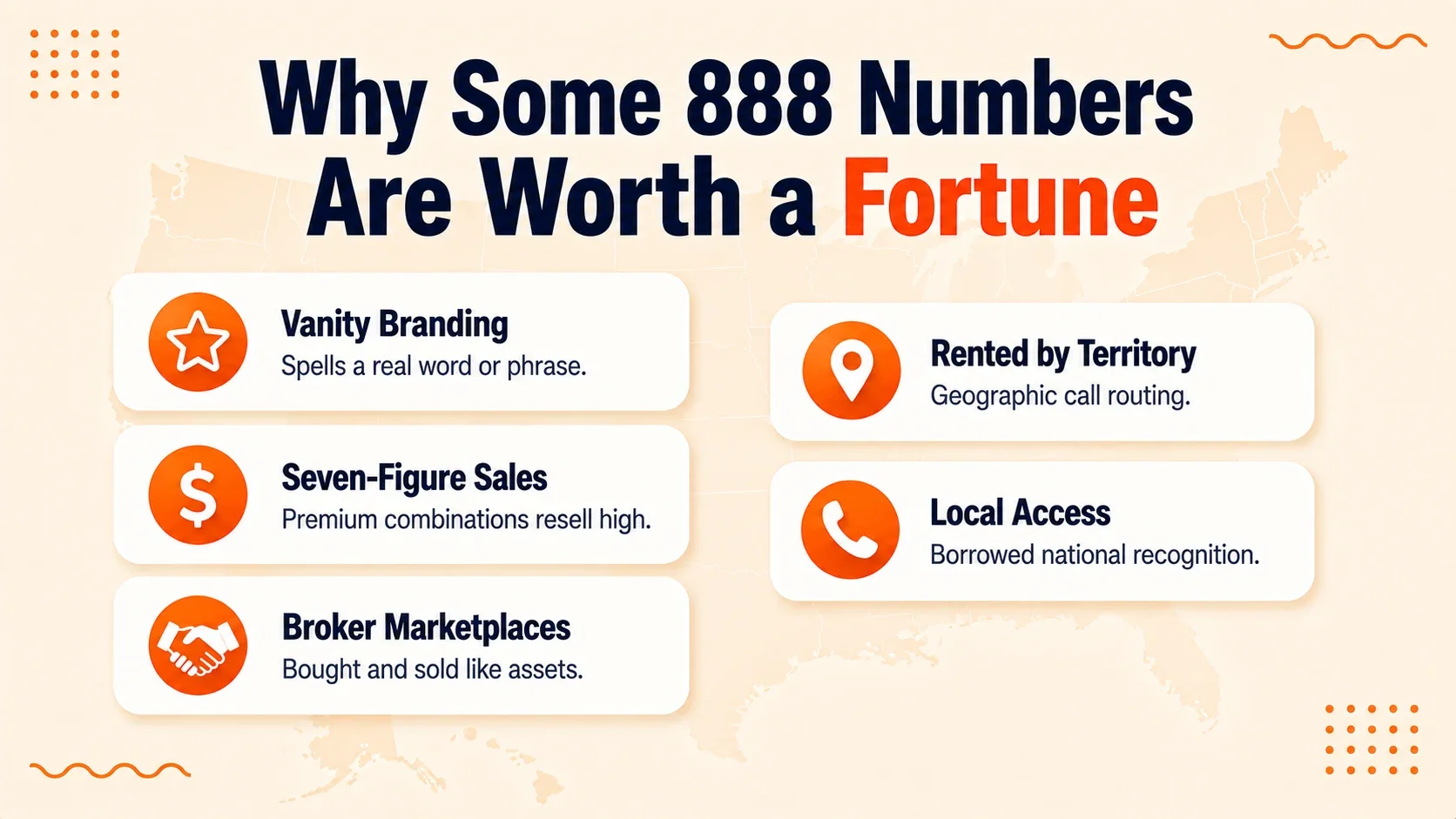 Six reasons some 888 numbers are worth a fortune: vanity branding, seven-figure sales, broker marketplaces, rented by territory, and local access through geographic call routing