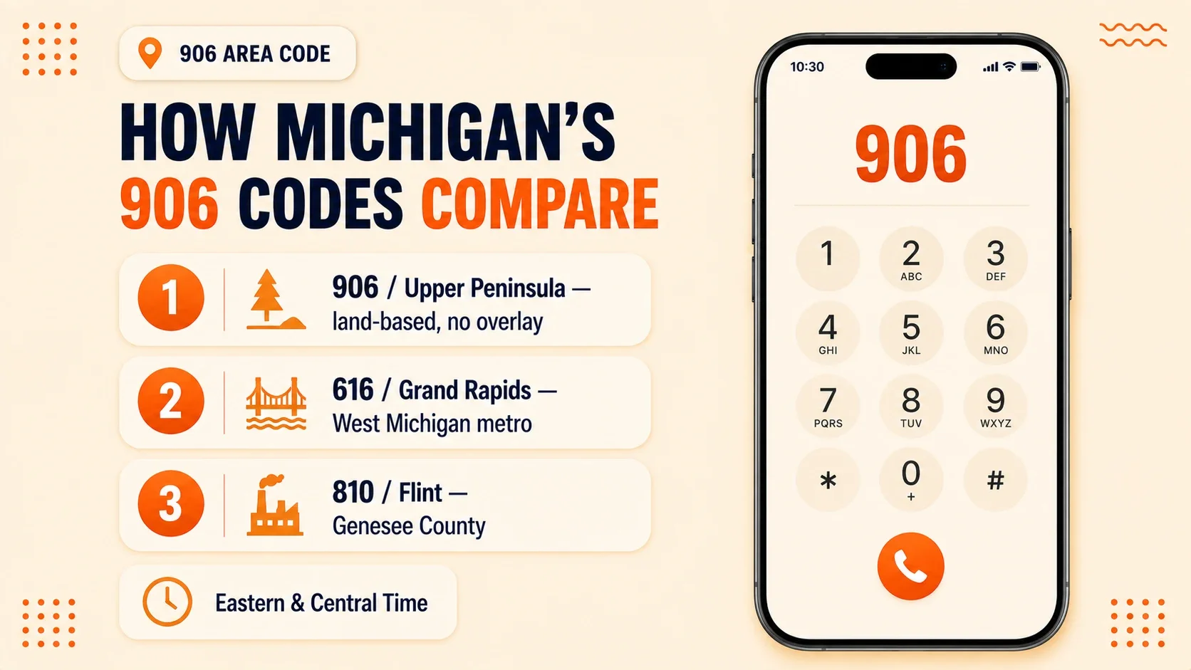 Comparison of Michigan's area codes: 906 covering the land-based Upper Peninsula with no overlay, 616 covering Grand Rapids and West Michigan, and 810 covering Flint and Genesee County, next to a phone dialing a 906 number