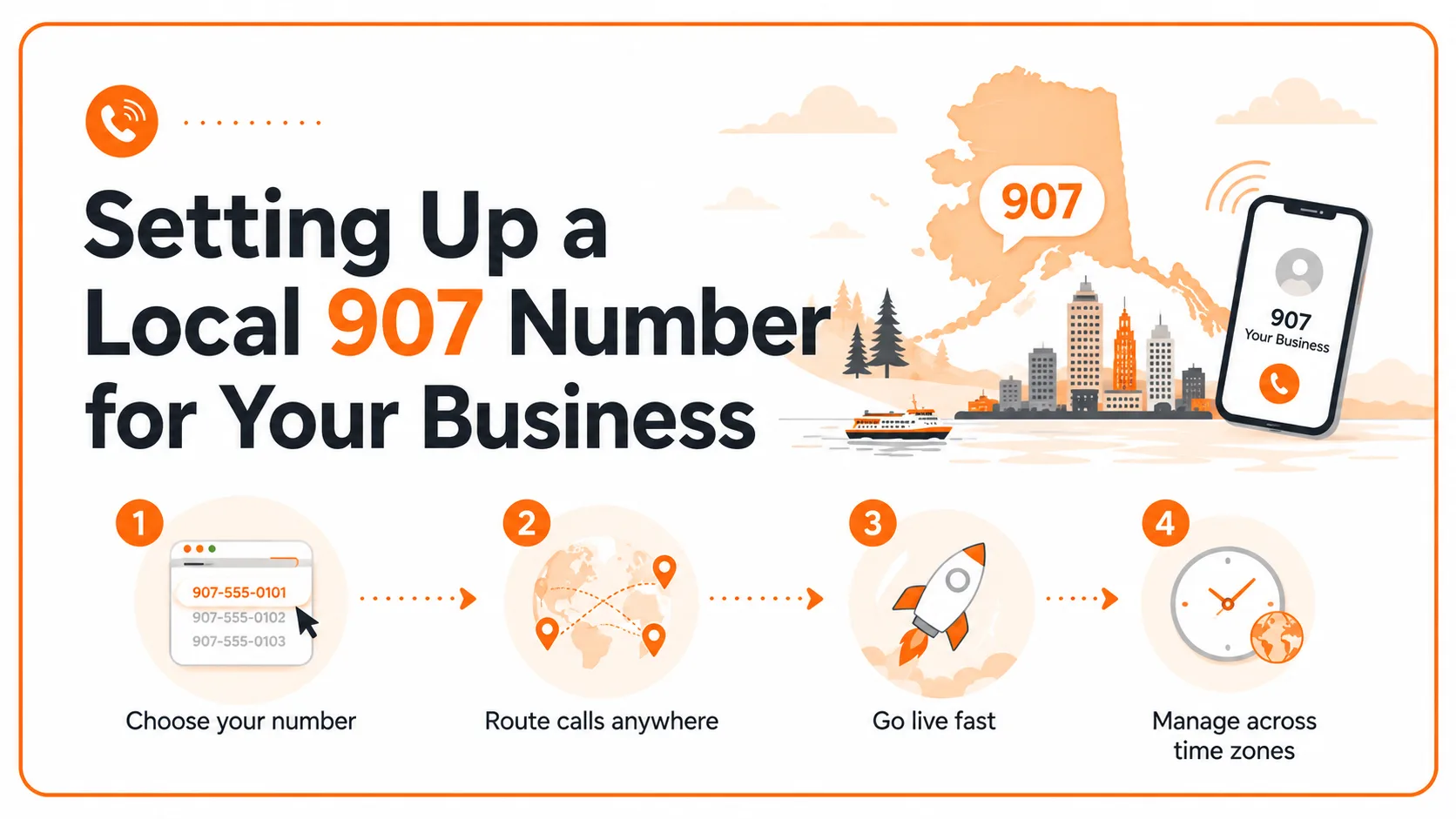 Infographic showing the 907 area code has no overlay and no split, one code statewide