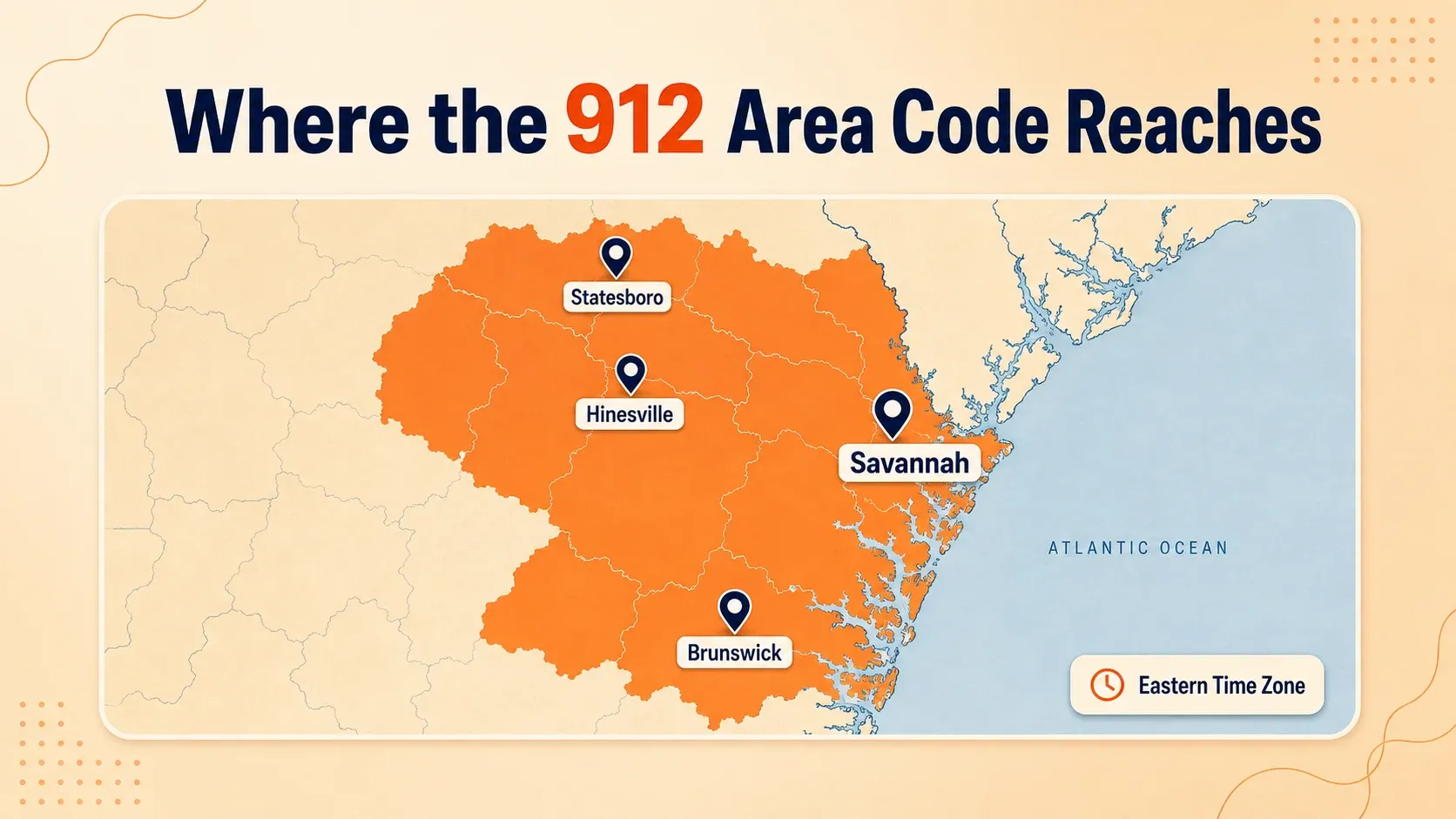 Map of coastal southeastern Georgia showing the 912 area code reaching Savannah, Brunswick, Hinesville, and Statesboro along the Atlantic coast