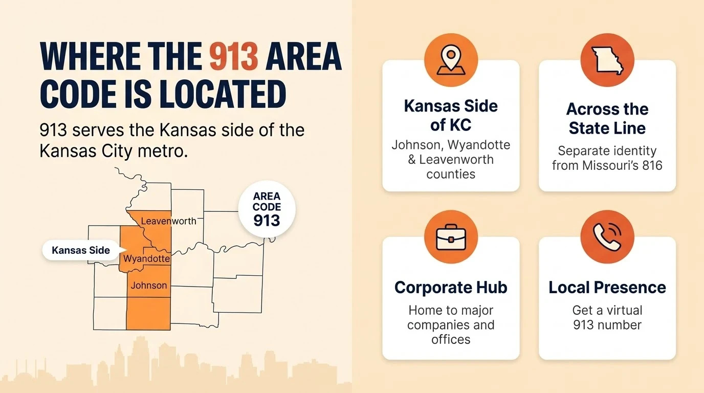 Map showing the 913 area code covering Johnson, Wyandotte, and Leavenworth counties on the Kansas side of Kansas City, with cards noting its separate identity from Missouri's 816, its corporate hub reputation, and local presence