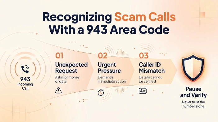 Recognizing scam calls with a 943 area code — unexpected requests, urgent pressure, caller ID mismatch