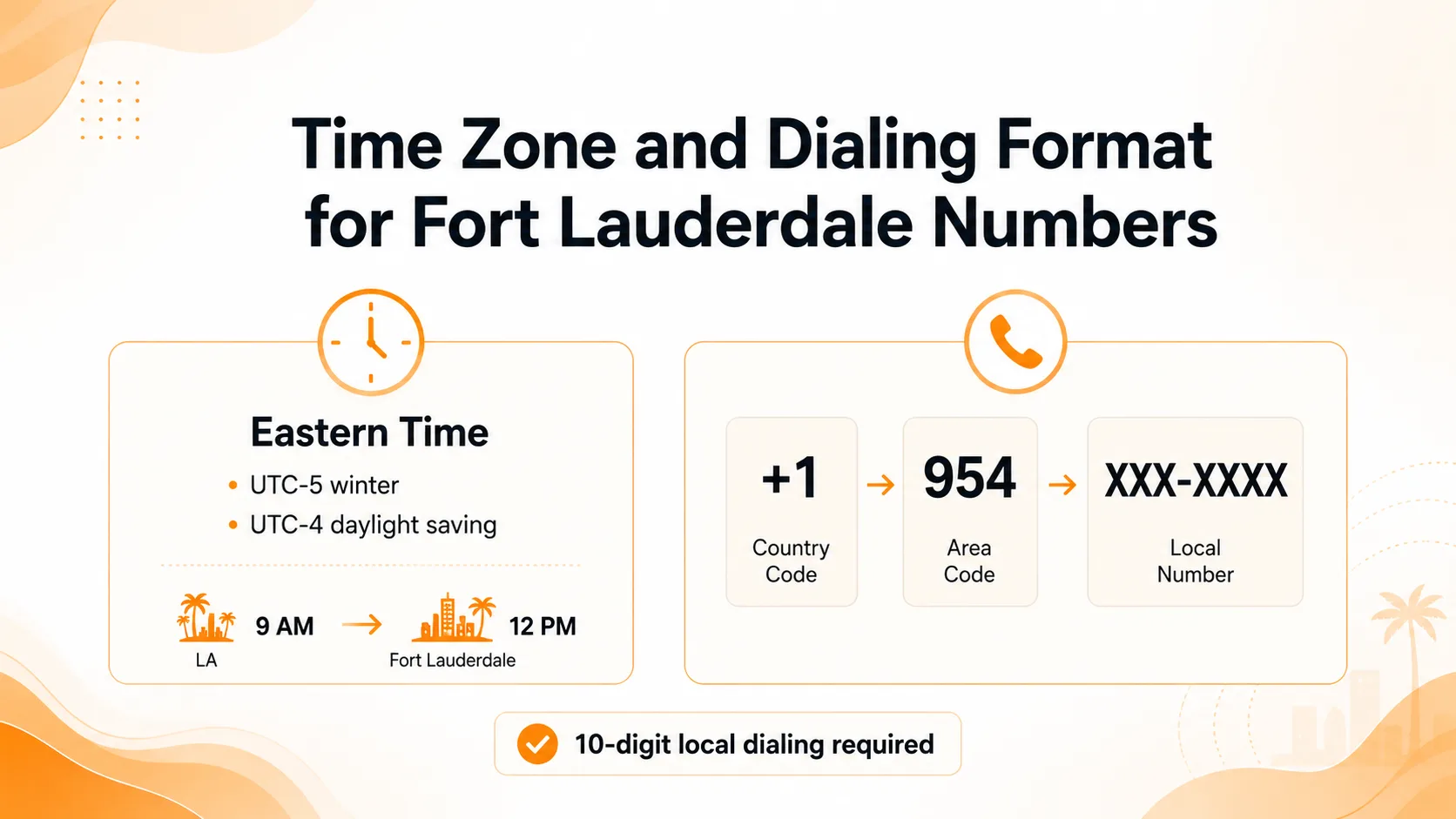 954 area code time zone and 10-digit dialing format for Fort Lauderdale numbers