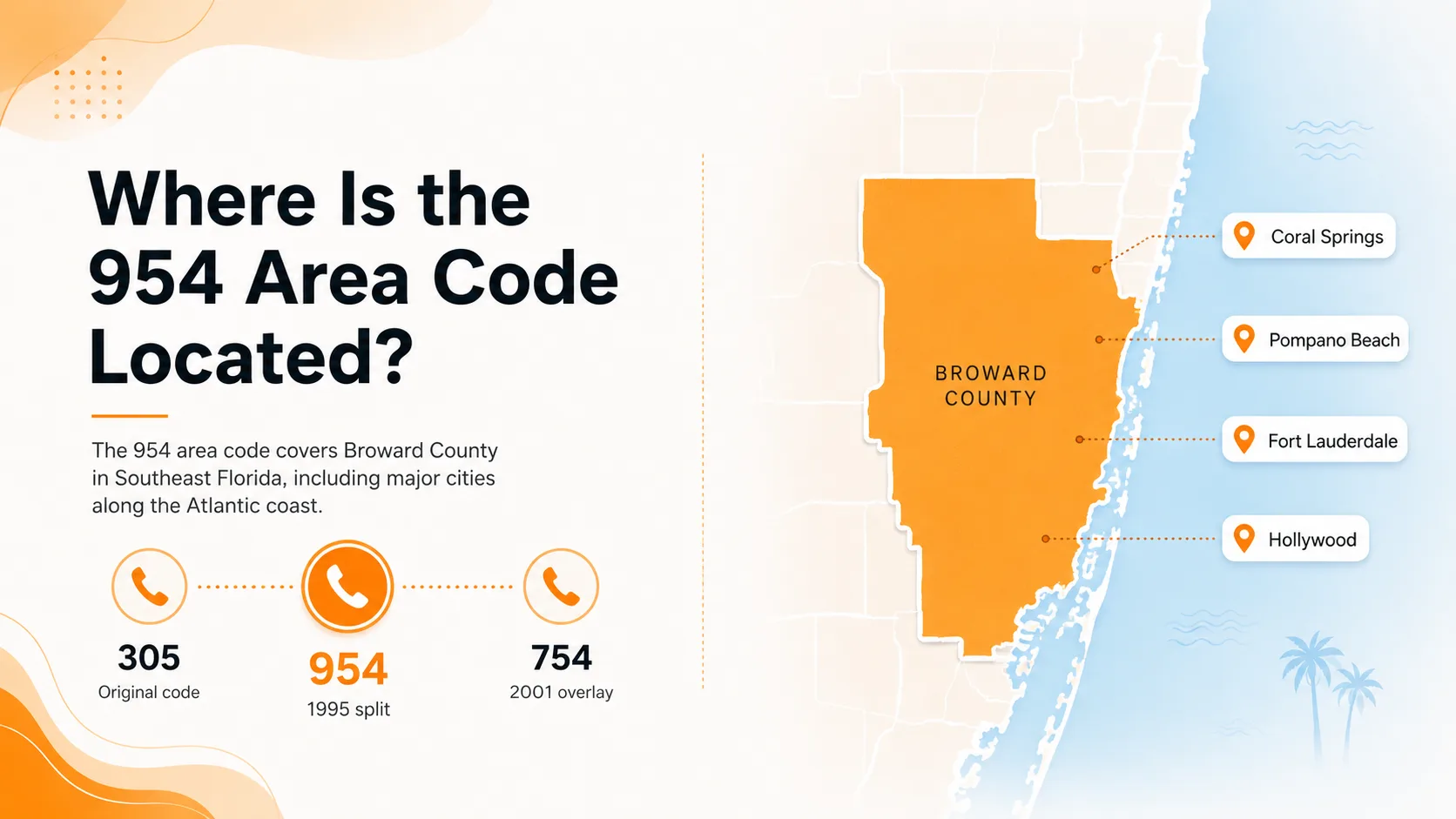 Map showing where the 954 area code is located in Broward County Florida