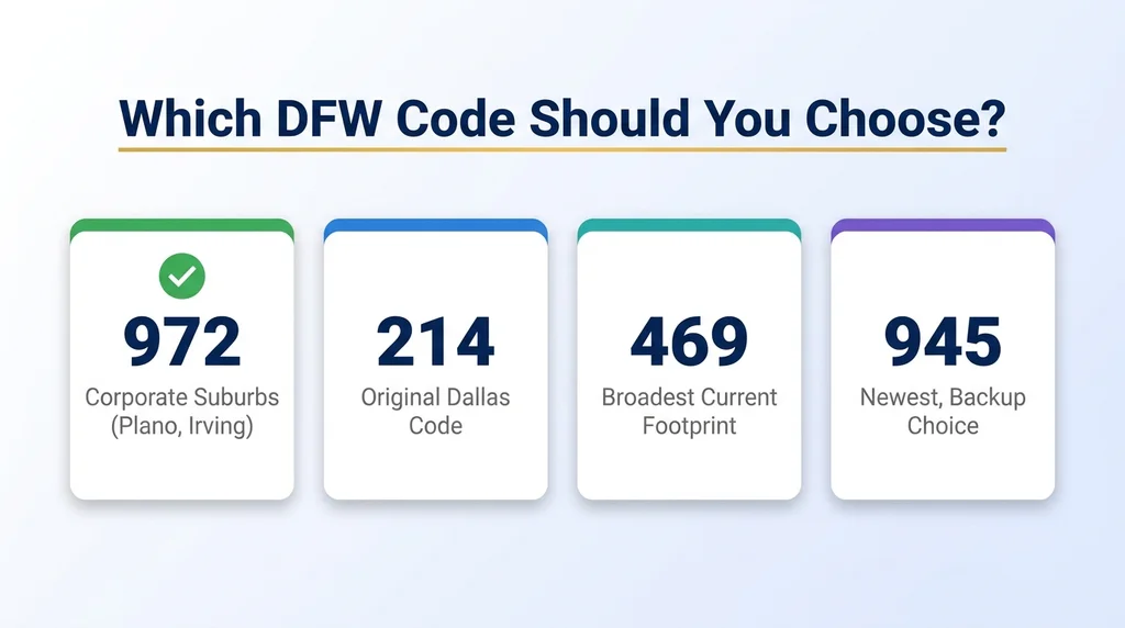 Choosing between the 972, 214, 469, and 945 codes for a Dallas-Fort Worth business number