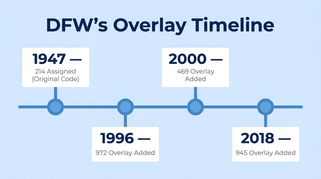 DFW overlay timeline: 214 assigned in 1947, 972 in 1996, 469 in 2000, and 945 in 2018