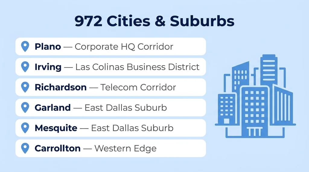 Where the 972 area code reaches: Plano, Irving, Richardson, Garland, Mesquite, and Carrollton